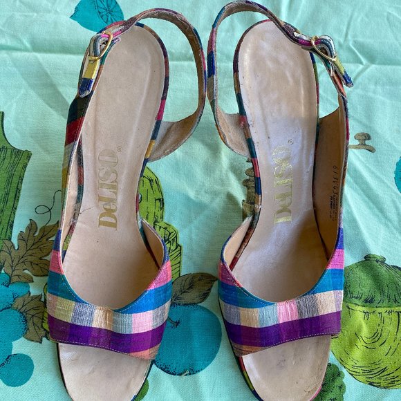 Vintage 1950s 1960s Spring Rainbow Plaid Silk Palter DeLiso Sandals Size US 9M - Picture 4 of 12